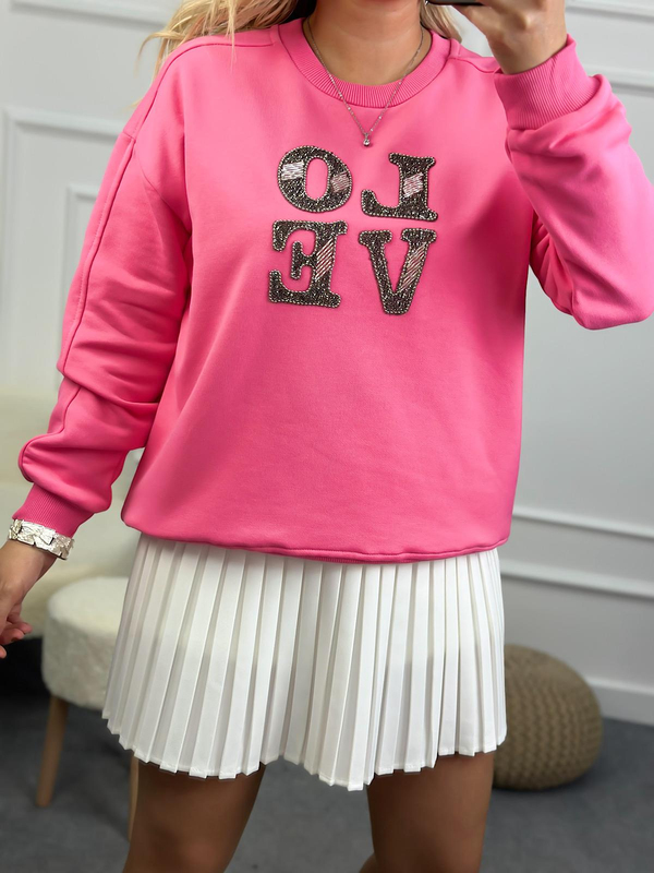 Love Baskılı Taşlı Sweatshirt PEMBE-23KUST000083
