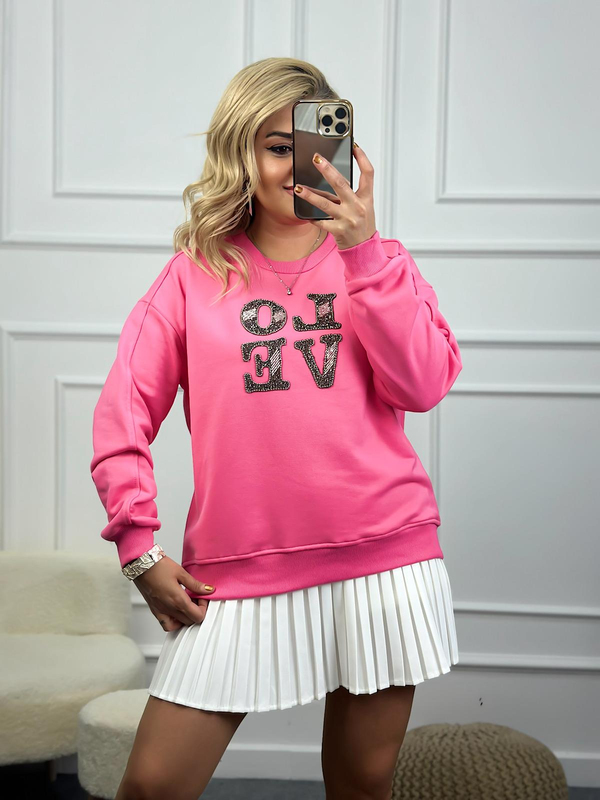 Love Baskılı Taşlı Sweatshirt PEMBE-23KUST000083