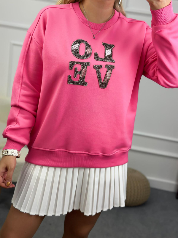 Love Baskılı Taşlı Sweatshirt PEMBE-23KUST000083