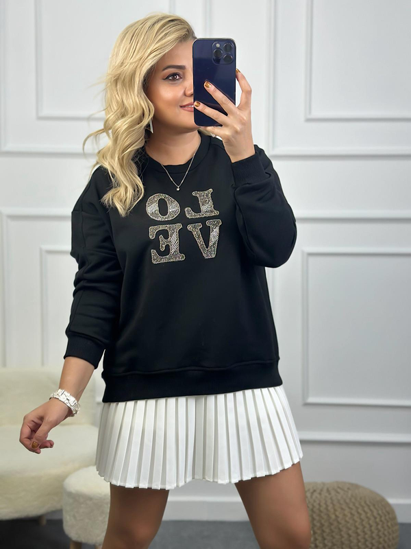 Love Baskılı Taşlı Sweatshirt SİYAH-23KUST000083
