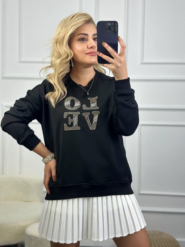 Love Baskılı Taşlı Sweatshirt SİYAH-23KUST000083