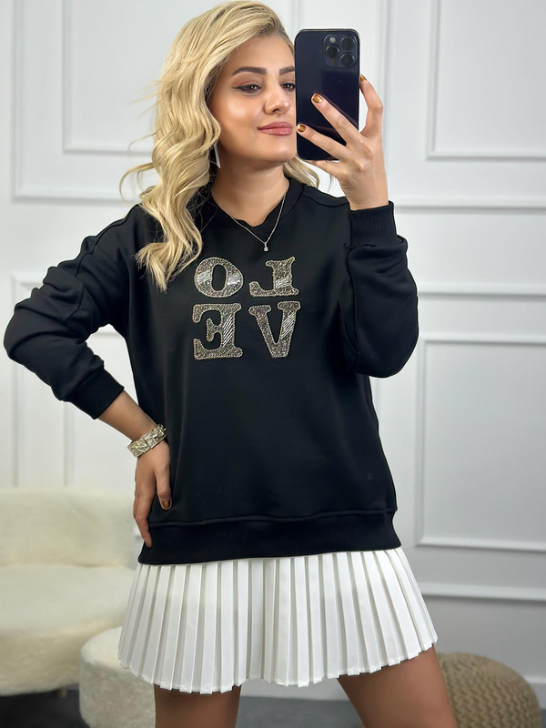 Love Baskılı Taşlı Sweatshirt SİYAH-23KUST000083