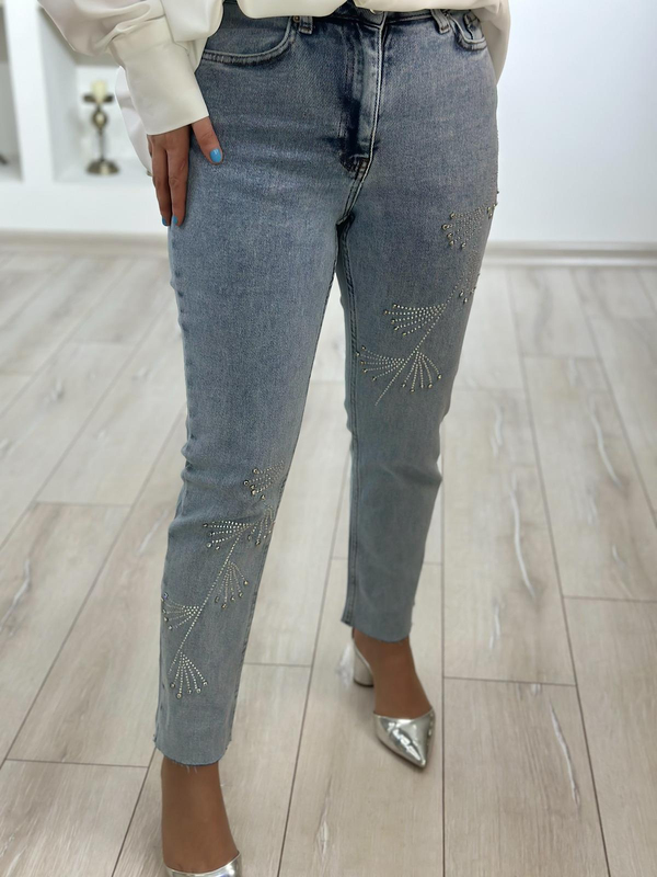 Lüks Kalite Çapraz Taşlı Mom Fit Pantolon BUZ MAVİ-23YALT000035