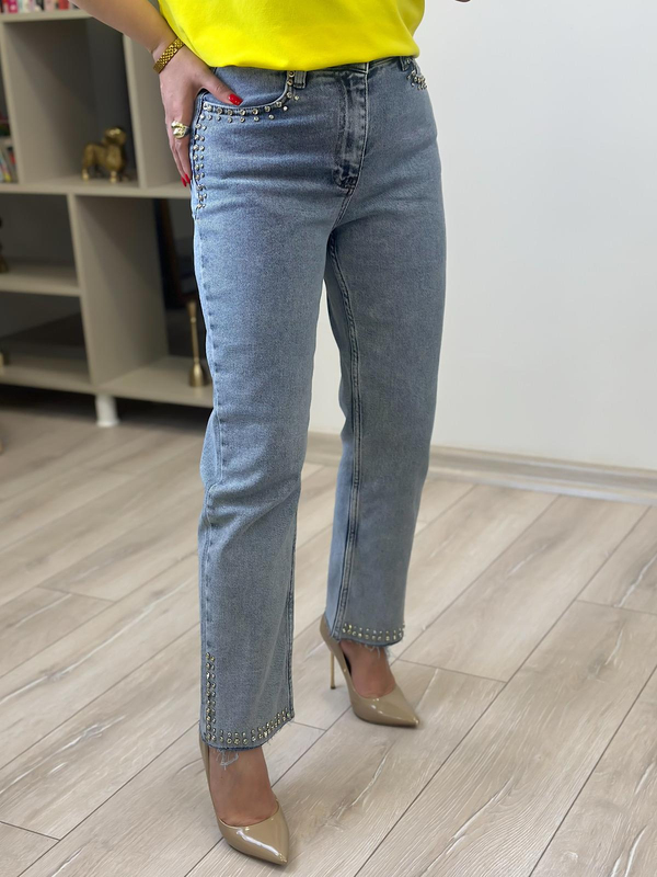 Lüks Kalite Cep  Paça Taş Detay Jean BUZ MAVİ-23YALT000033