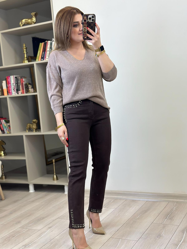 Lüks Kalite Cep  Paça Taş Detay Jean KAHVE-23YALT000033