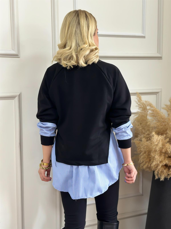 Mavi Çizgilii Yanları Bağcıklı Sweatshirt MAVİ-23KUST000041