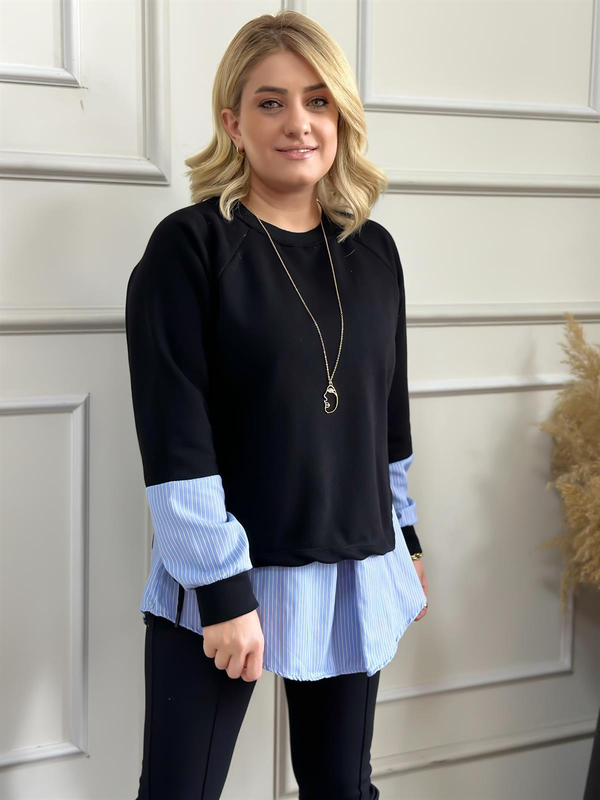 Mavi Çizgilii Yanları Bağcıklı Sweatshirt MAVİ-23KUST000041