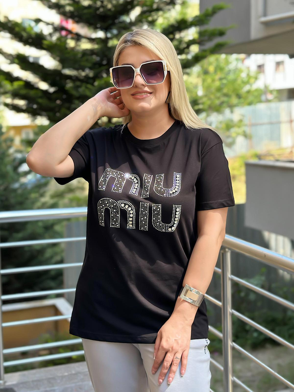 Miu Taş Baskılı Tshırt SİYAH-23YUST000125