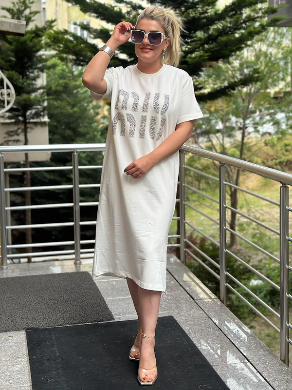 Miu Taşlı Elbise BEYAZ-23YELB000103
