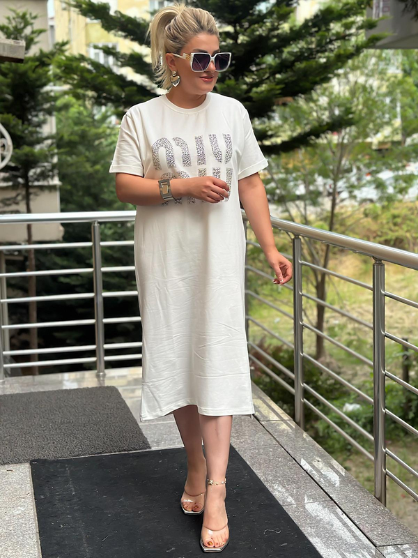 Miu Taşlı Elbise BEYAZ-23YELB000103
