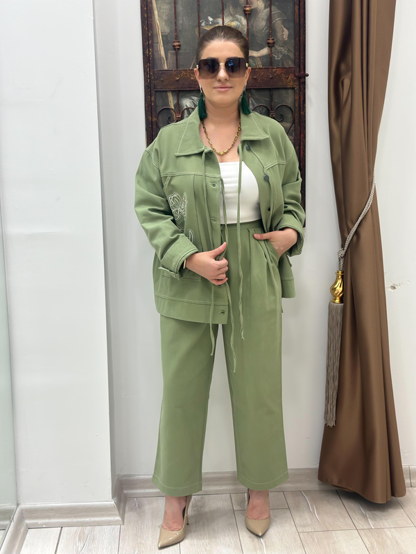 Nakış İşlemeli Cep Detaylı Denim Takım YEŞİL-23KUST000117