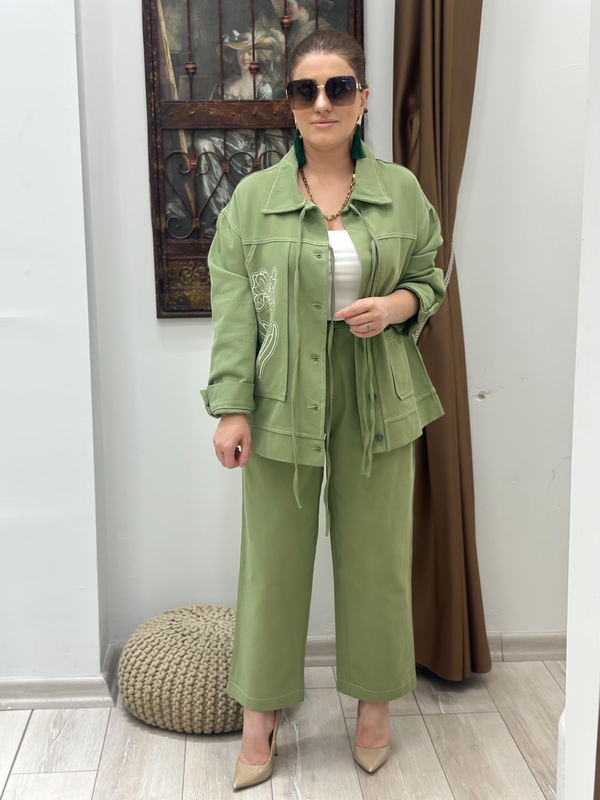 Nakış İşlemeli Cep Detaylı Denim Takım YEŞİL-23KUST000117
