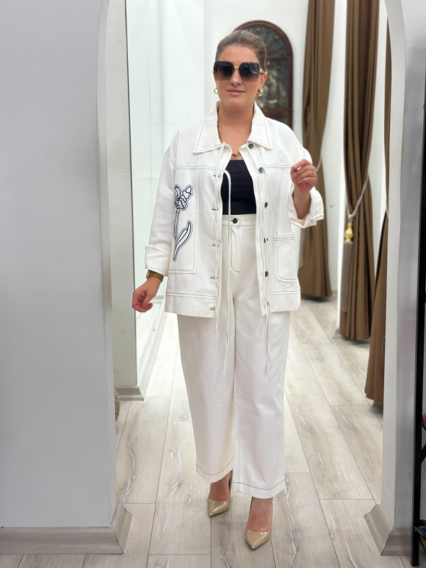 Nakış İşlemeli Cep Detaylı Denim Takım EKRU-23KUST000117