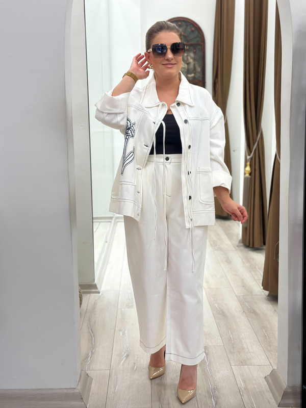 Nakış İşlemeli Cep Detaylı Denim Takım EKRU-23KUST000117