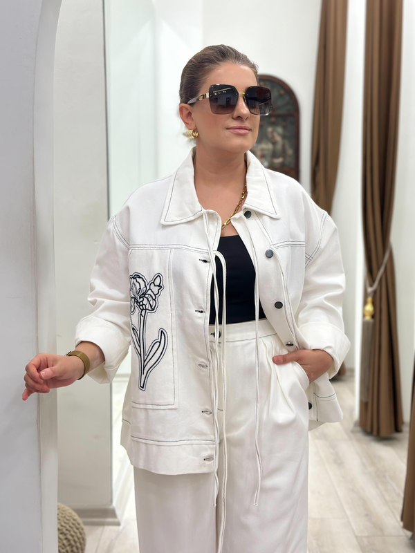 Nakış İşlemeli Cep Detaylı Denim Takım EKRU-23KUST000117