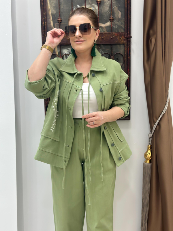 Nakış İşlemeli Cep Detaylı Denim Takım YEŞİL-23KUST000117