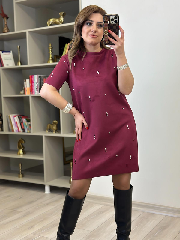 Nubuk Taş İşlemeli Elbise MÜRDÜM-23MeELB00011