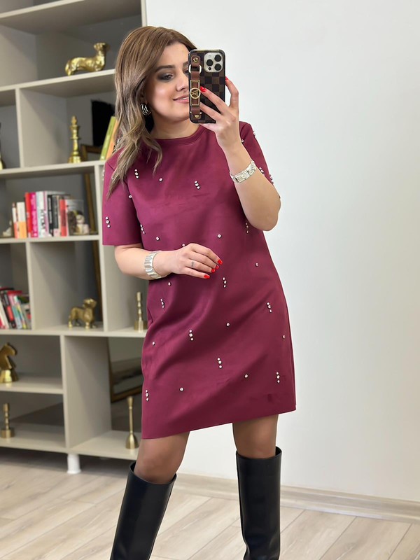 Nubuk Taş İşlemeli Elbise MÜRDÜM-23MeELB00011