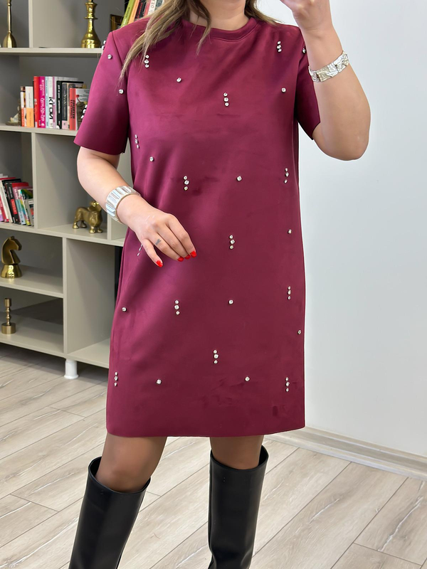 Nubuk Taş İşlemeli Elbise MÜRDÜM-23MeELB00011