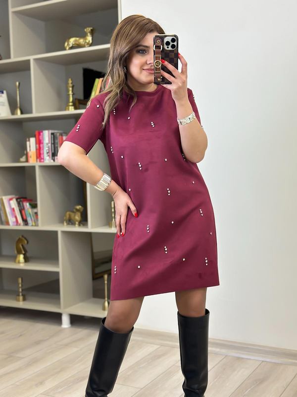 Nubuk Taş İşlemeli Elbise MÜRDÜM-23MeELB00011