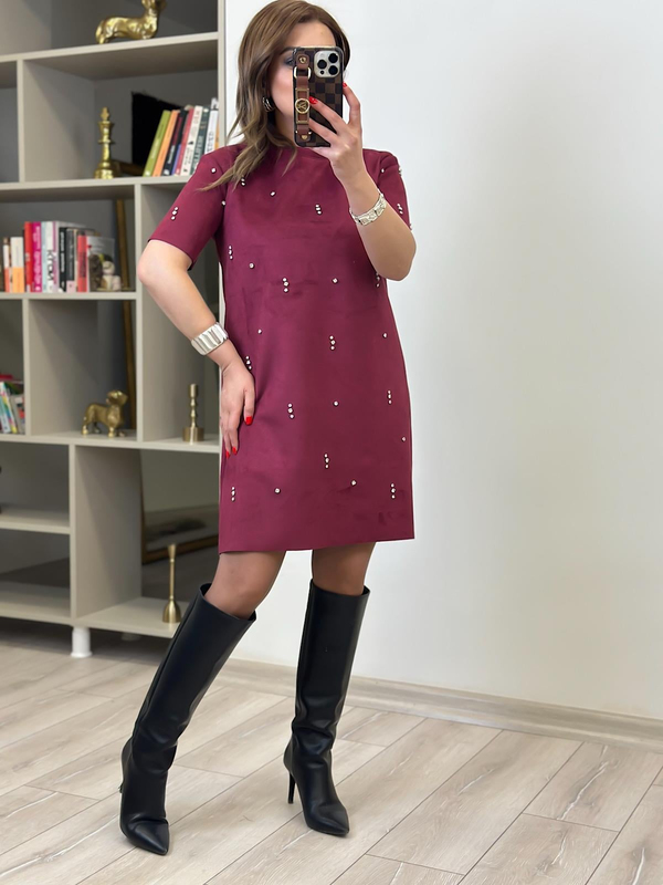 Nubuk Taş İşlemeli Elbise MÜRDÜM-23MeELB00011