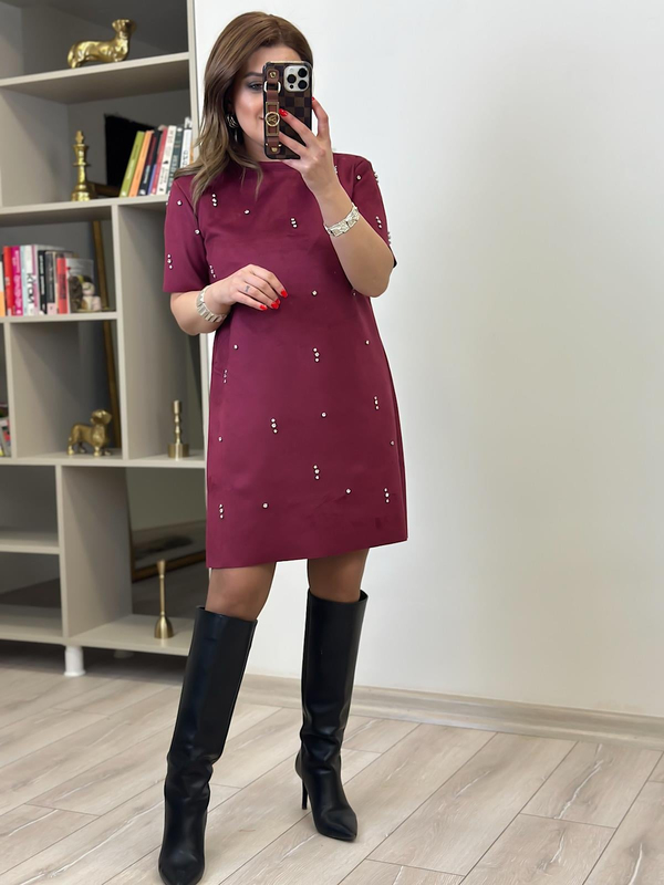 Nubuk Taş İşlemeli Elbise MÜRDÜM-23MeELB00011
