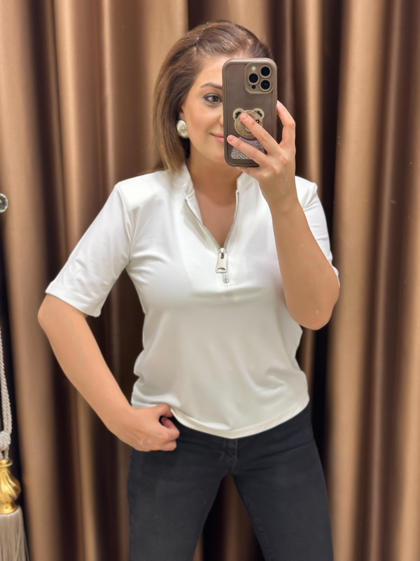 Omuzları Vatkalı Fermuar Detay Tshirt EKRU-23YUST000245