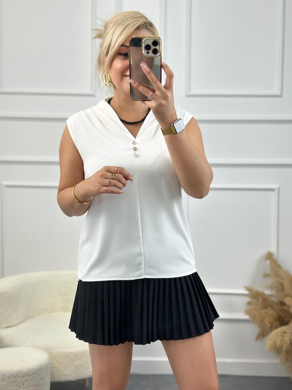 Omuzu Drapeli V Yaka Taş Düğmeli Bluz BEYAZ-23YUST000134