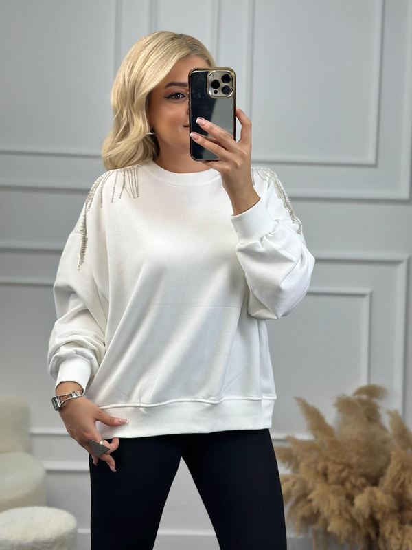 Omuzu Zincirli Sweatshirt BEYAZ-23KUST000077