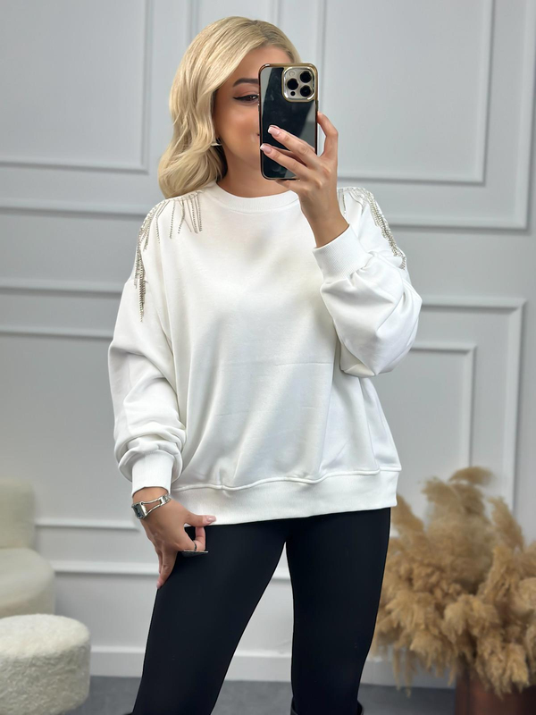 Omuzu Zincirli Sweatshirt BEYAZ-23KUST000077