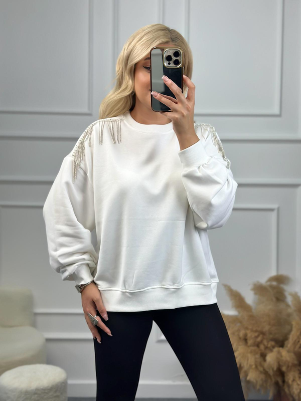 Omuzu Zincirli Sweatshirt BEYAZ-23KUST000077