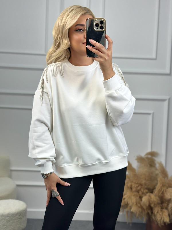Omuzu Zincirli Sweatshirt BEYAZ-23KUST000077