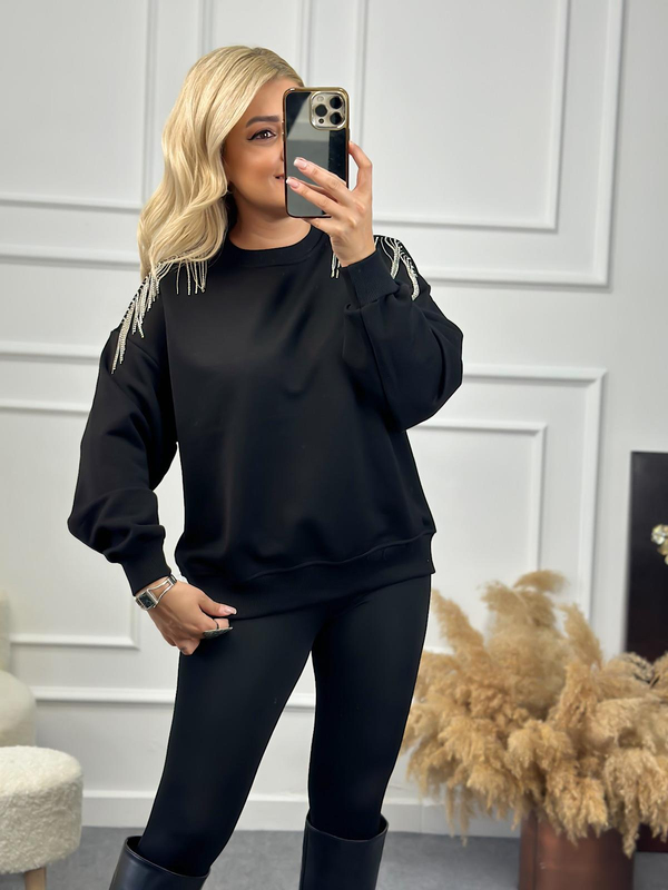 Omuzu Zincirli Sweatshirt SİYAH-23KUST000077