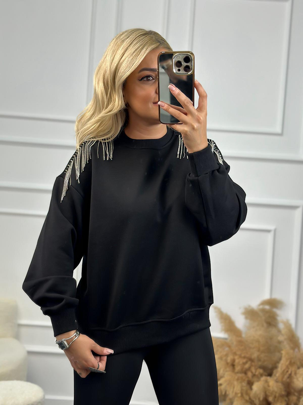 Omuzu Zincirli Sweatshirt SİYAH-23KUST000077