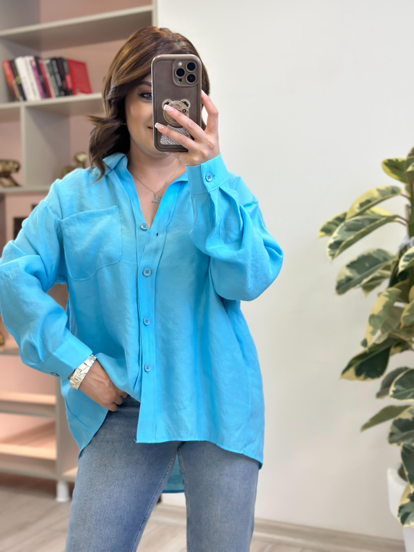 Omzu Düşük Oversize Gömlek BEBE MAVİ-23YUST000234