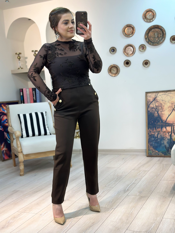 Önden Düğme Detaylı Krep Kumaş Pantolon KAHVE-23KALT000029