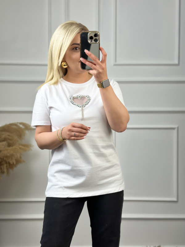 Önü Açık Kalpli Taşlı Tshirt BEYAZ-23YUST000050