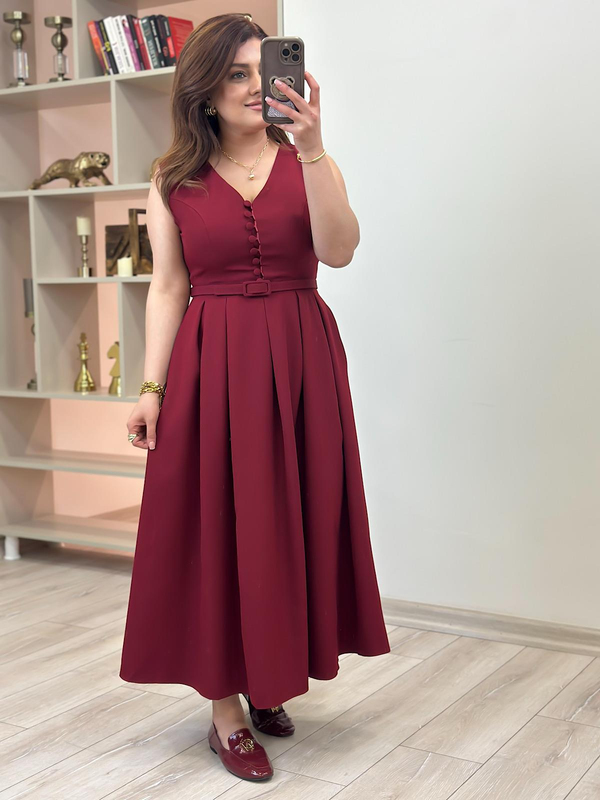 Önü Birtili  Pileli Kemerli Elbise BORDO-23YELB000129