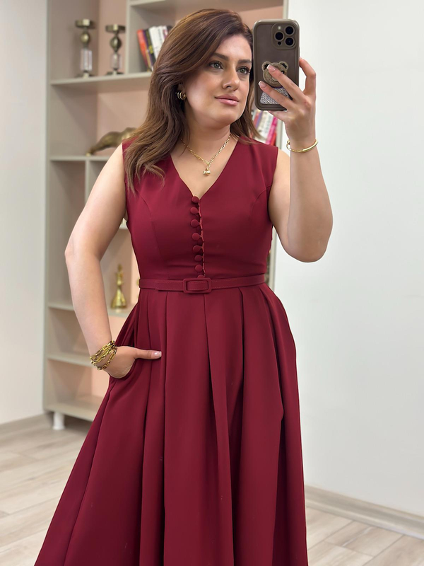 Önü Birtili  Pileli Kemerli Elbise BORDO-23YELB000129