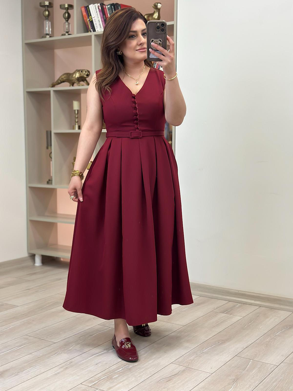 Önü Birtili  Pileli Kemerli Elbise BORDO-23YELB000129