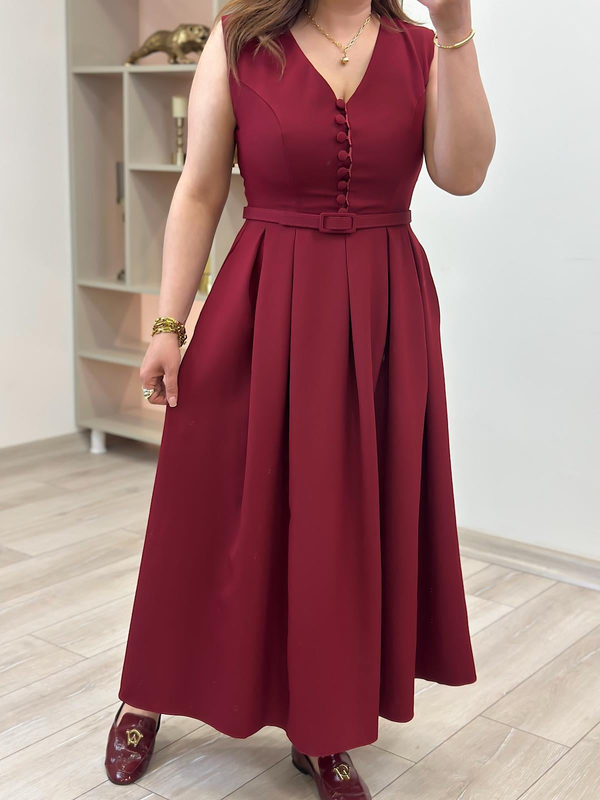 Önü Birtili  Pileli Kemerli Elbise BORDO-23YELB000129
