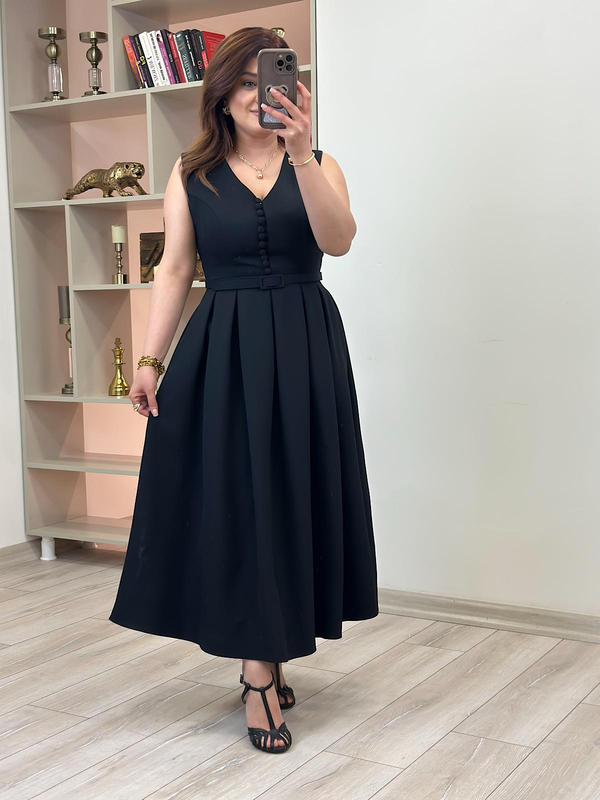 Önü Birtili  Pileli Kemerli Elbise SİYAH-23YELB000129