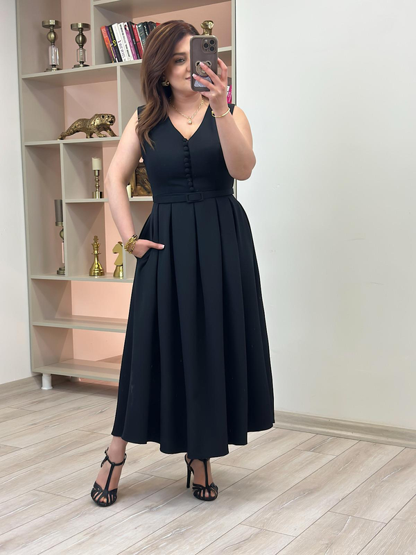 Önü Birtili  Pileli Kemerli Elbise SİYAH-23YELB000129