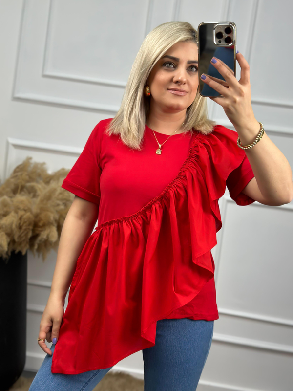 Önü Büzgü Detaylı Kısa Kollu Tshirt KIRMIZI-23YUST000002