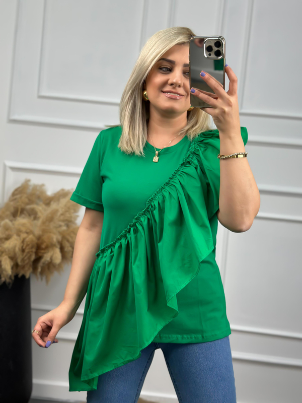 Önü Büzgü Detaylı Kısa Kollu Tshirt YEŞİL-23YUST000002