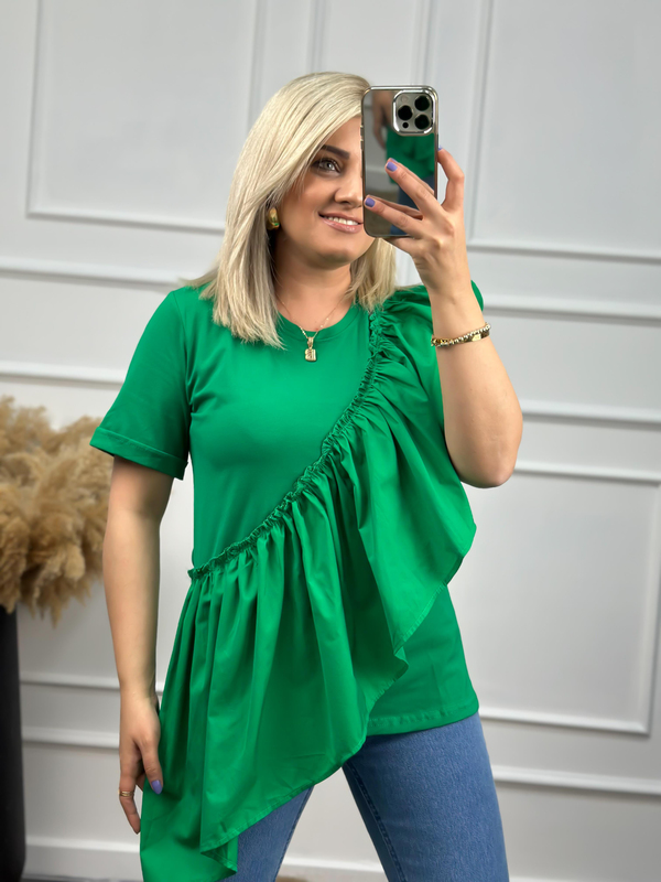 Önü Büzgü Detaylı Kısa Kollu Tshirt YEŞİL-23YUST000002