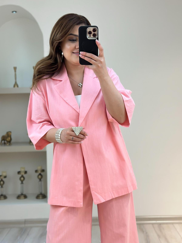 Önü Düğmeli Ceket Pantolon Keten Takım PEMBE-23YUST000182