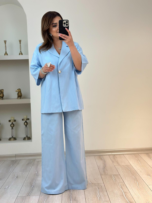 Önü Düğmeli Ceket Pantolon Keten Takım BEBE MAVİ-23YUST000182