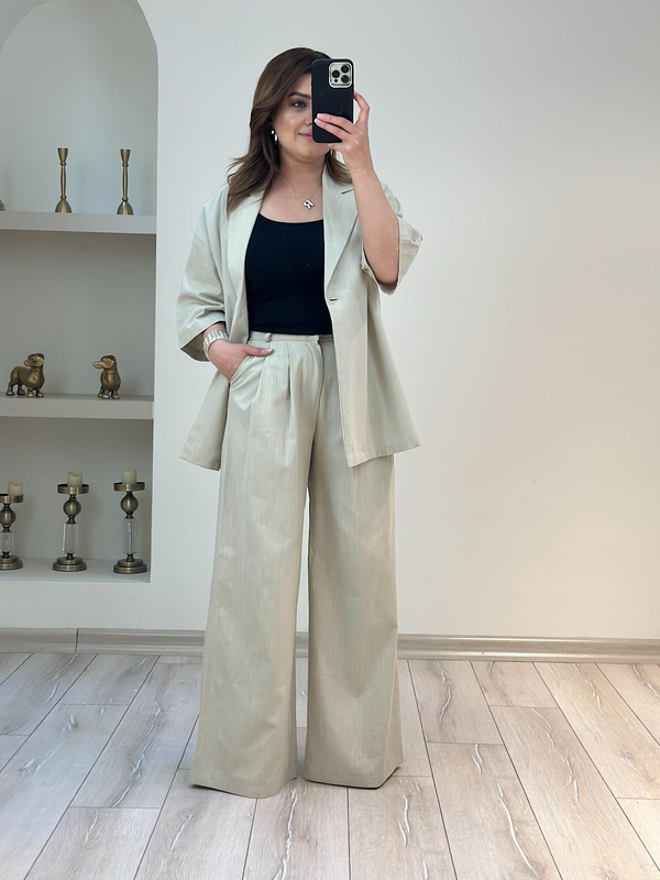 Önü Düğmeli Ceket Pantolon Keten Takım BEJ-23YUST000182
