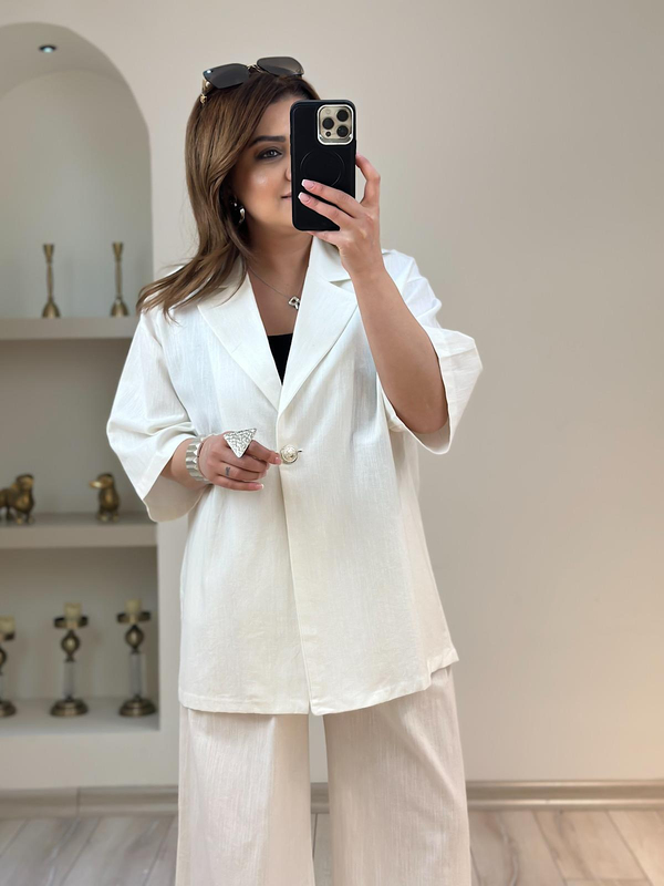 Önü Düğmeli Ceket Pantolon Keten Takım EKRU-23YUST000182